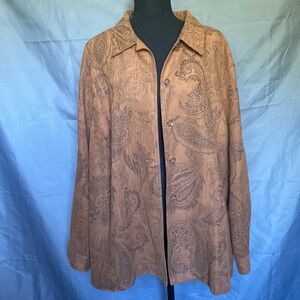 Liz & Me 2X Brown Button Down Light Jacket Suede Like With Paisley Pattern